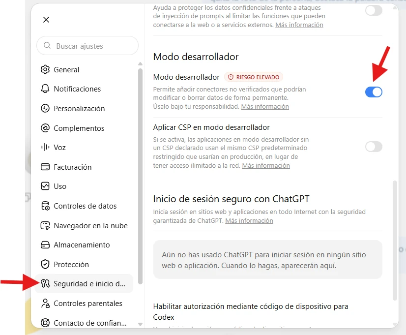 Ajustes de ChatGPT · Seguridad e inicio de sesión con el Modo desarrollador activado
